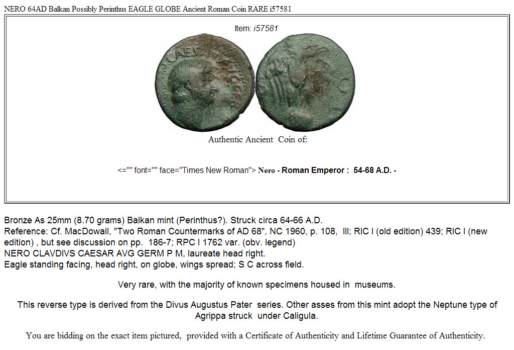 NERO 64AD Balkan Possibly Perinthus EAGLE GLOBE Ancient Roman Coin RARE i57581