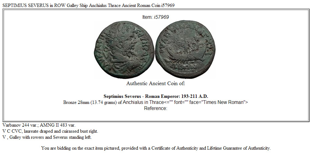 SEPTIMIUS SEVERUS in ROW Galley Ship Anchialus Thrace Ancient Roman Coin i57969
