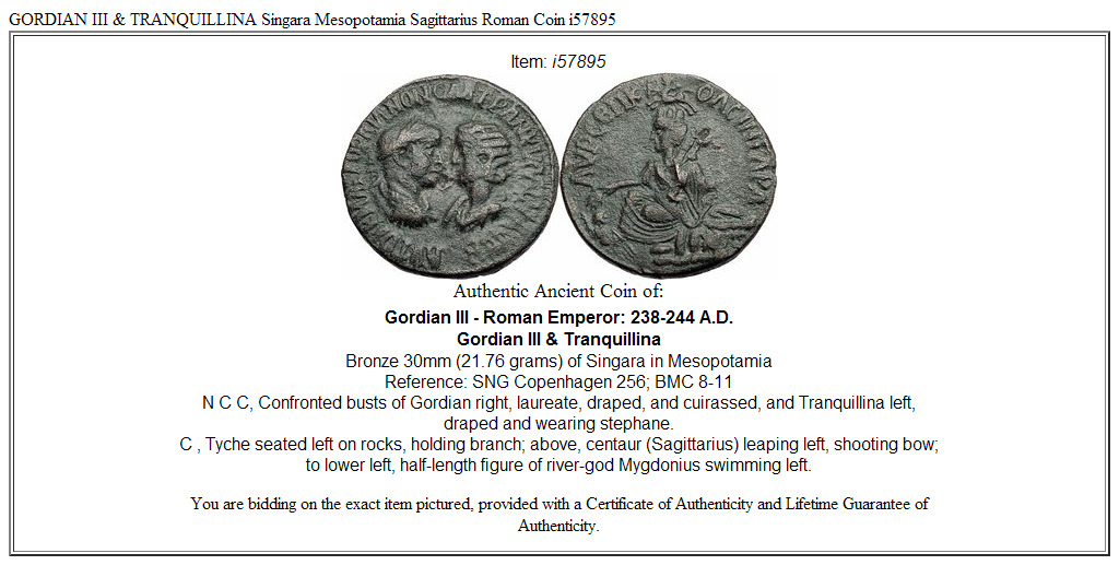 GORDIAN III & TRANQUILLINA Singara Mesopotamia Sagittarius Roman Coin i57895