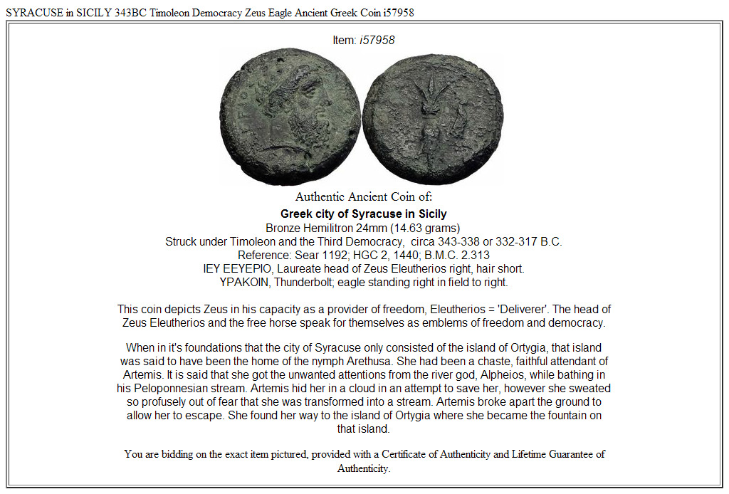 SYRACUSE in SICILY 343BC Timoleon Democracy Zeus Eagle Ancient Greek Coin i57958
