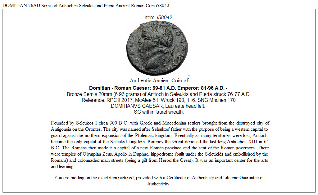 DOMITIAN 76AD Semis of Antioch in Seleukis and Pieria Ancient Roman Coin i58042