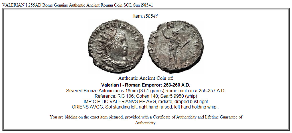 VALERIAN I 255AD Rome Genuine Authentic Ancient Roman Coin SOL Sun i58541