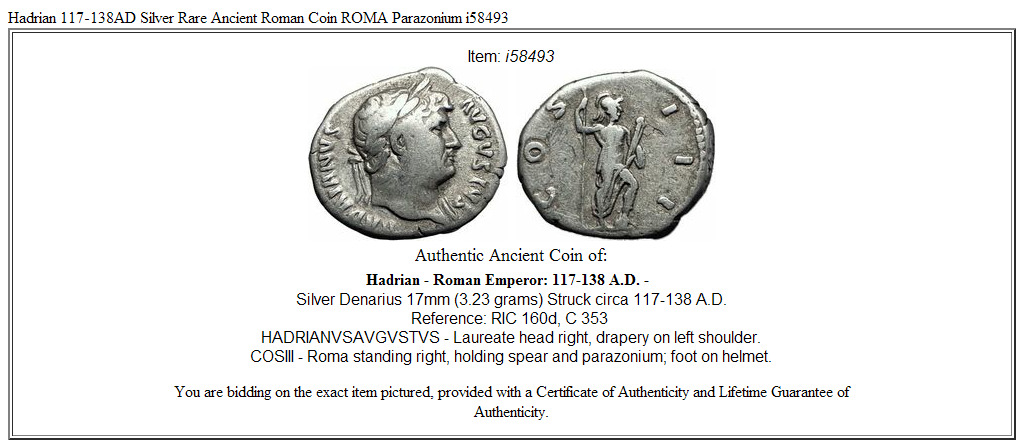 Hadrian 117-138AD Silver Rare Ancient Roman Coin ROMA Parazonium i58493