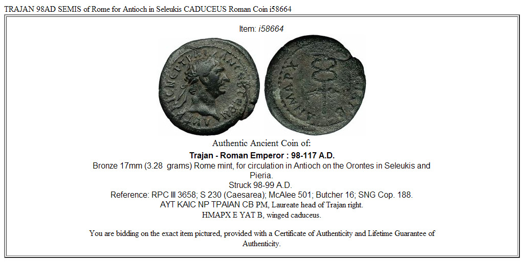 TRAJAN 98AD SEMIS of Rome for Antioch in Seleukis CADUCEUS Roman Coin i58664