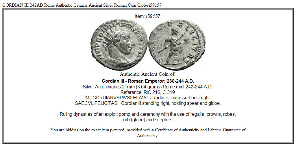 GORDIAN III 242AD Rome Authentic Genuine Ancient Silver Roman Coin Globe i59157