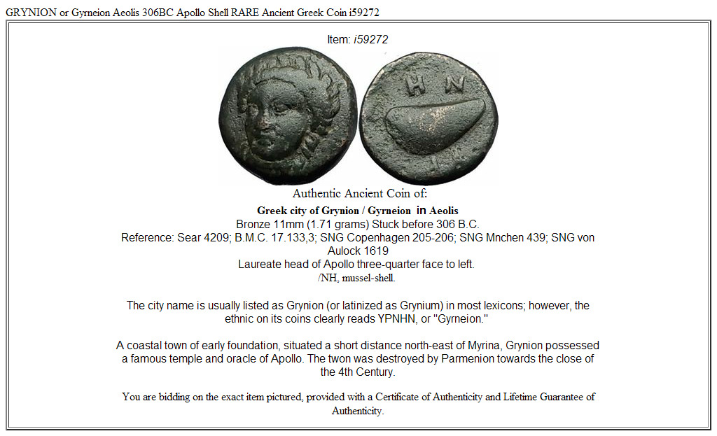 GRYNION or Gyrneion Aeolis 306BC Apollo Shell RARE Ancient Greek Coin i59272