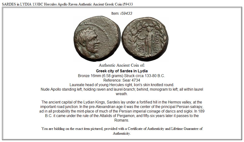 SARDES in LYDIA 133BC Hercules Apollo Raven Authentic Ancient Greek Coin i59433