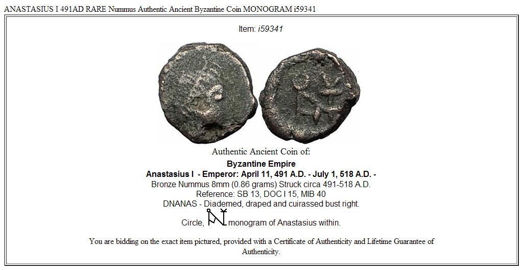 ANASTASIUS I 491AD RARE Nummus Authentic Ancient Byzantine Coin MONOGRAM i59341