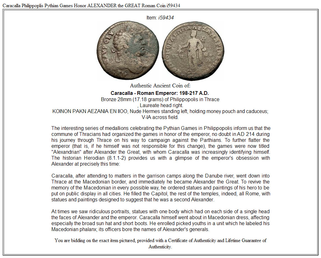 Caracalla Philippoplis Pythian Games Honor ALEXANDER the GREAT Roman Coin i59434