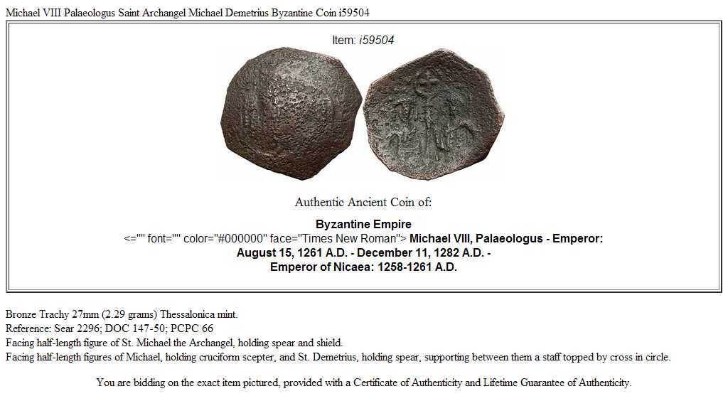Michael VIII Palaeologus Saint Archangel Michael Demetrius Byzantine Coin i59504