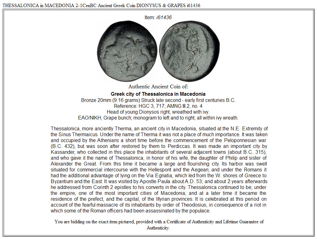 THESSALONICA in MACEDONIA 2-1CenBC Ancient Greek Coin DIONYSUS & GRAPES i61436