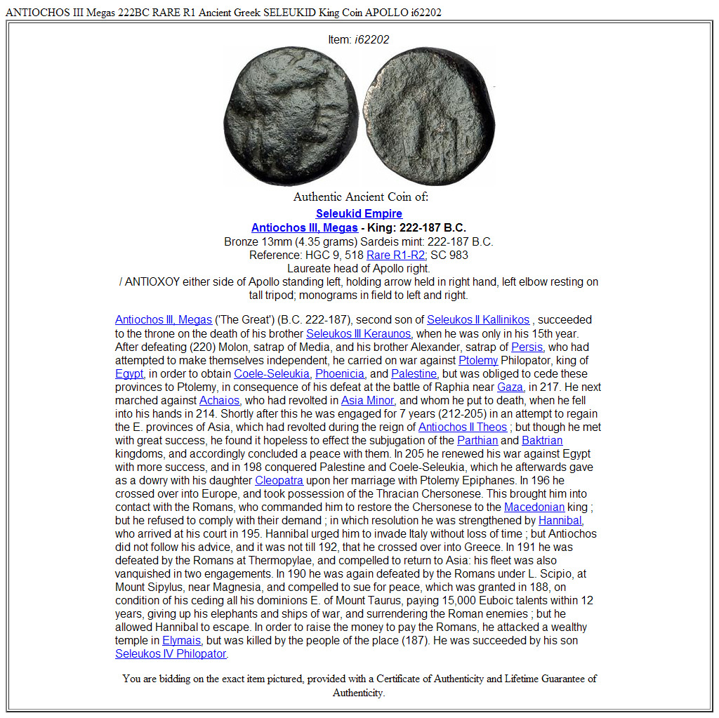 ANTIOCHOS III Megas 222BC RARE R1 Ancient Greek SELEUKID King Coin APOLLO i62202