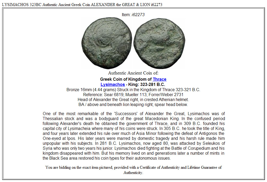 LYSIMACHOS 323BC Authentic Ancient Greek Coin ALEXANDER the GREAT & LION i62273