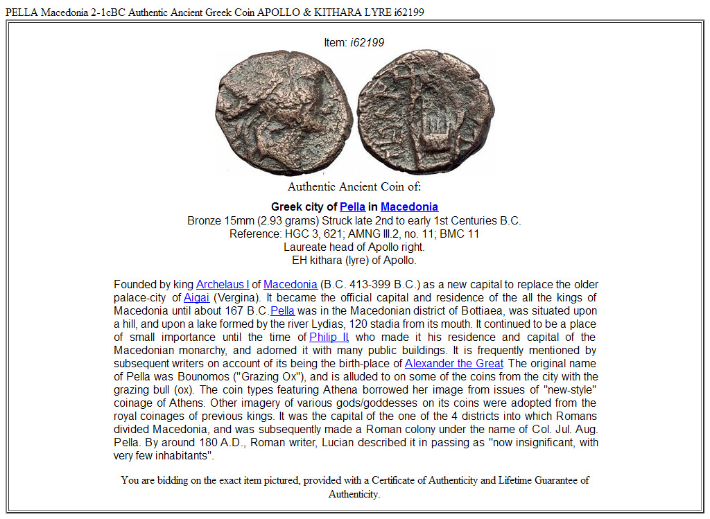 PELLA Macedonia 2-1cBC Authentic Ancient Greek Coin APOLLO & KITHARA LYRE i62199