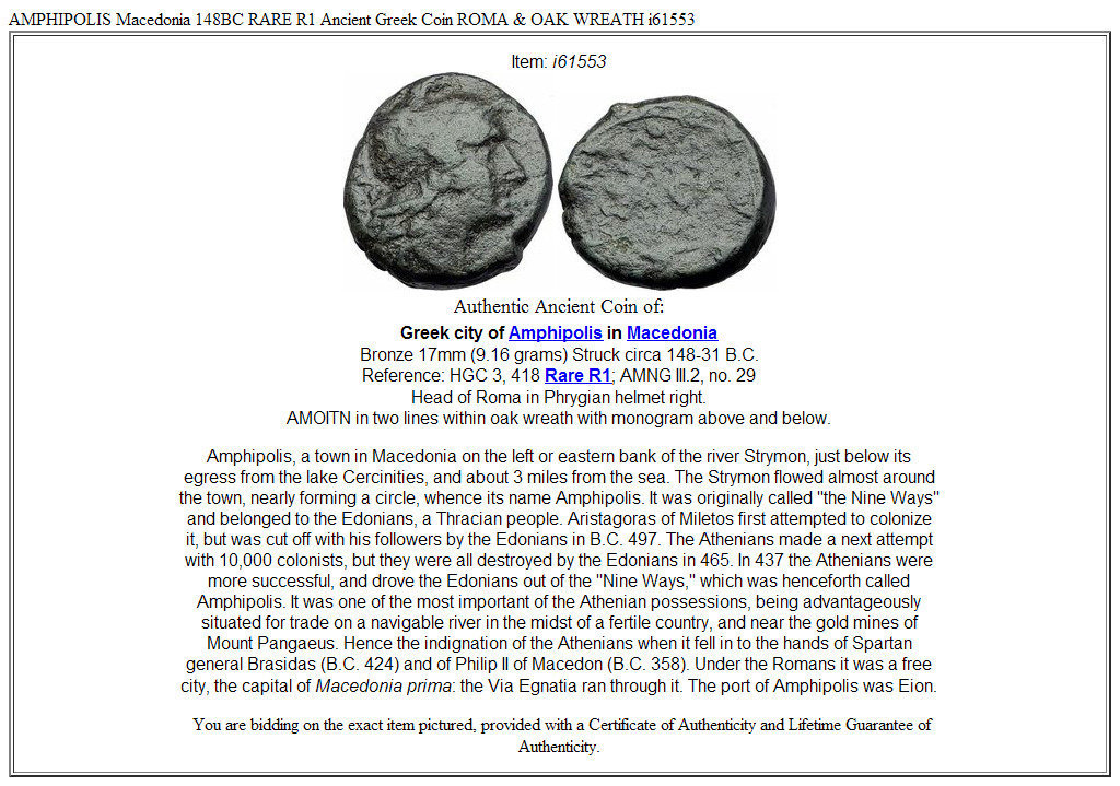 AMPHIPOLIS Macedonia 148BC RARE R1 Ancient Greek Coin ROMA & OAK WREATH i61553