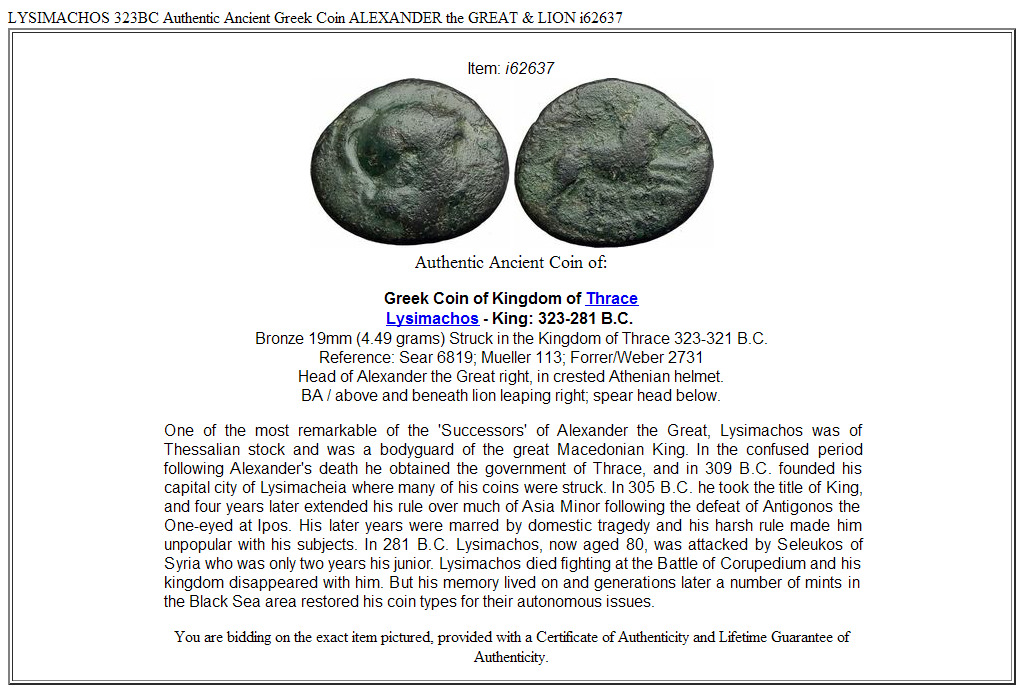LYSIMACHOS 323BC Authentic Ancient Greek Coin ALEXANDER the GREAT & LION i62637