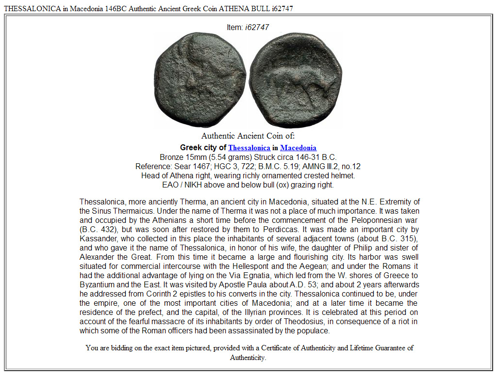 THESSALONICA in Macedonia 146BC Authentic Ancient Greek Coin ATHENA BULL i62747