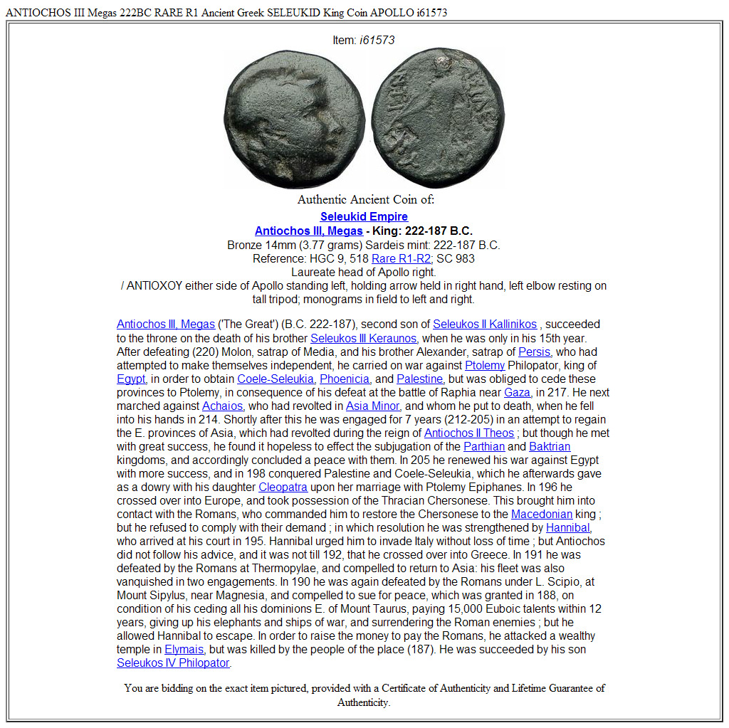 ANTIOCHOS III Megas 222BC RARE R1 Ancient Greek SELEUKID King Coin APOLLO i61573