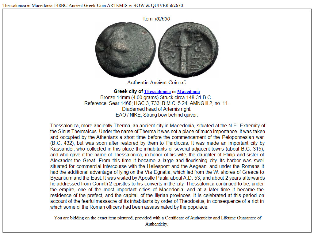 Thessalonica in Macedonia 148BC Ancient Greek Coin ARTEMIS w BOW & QUIVER i62630