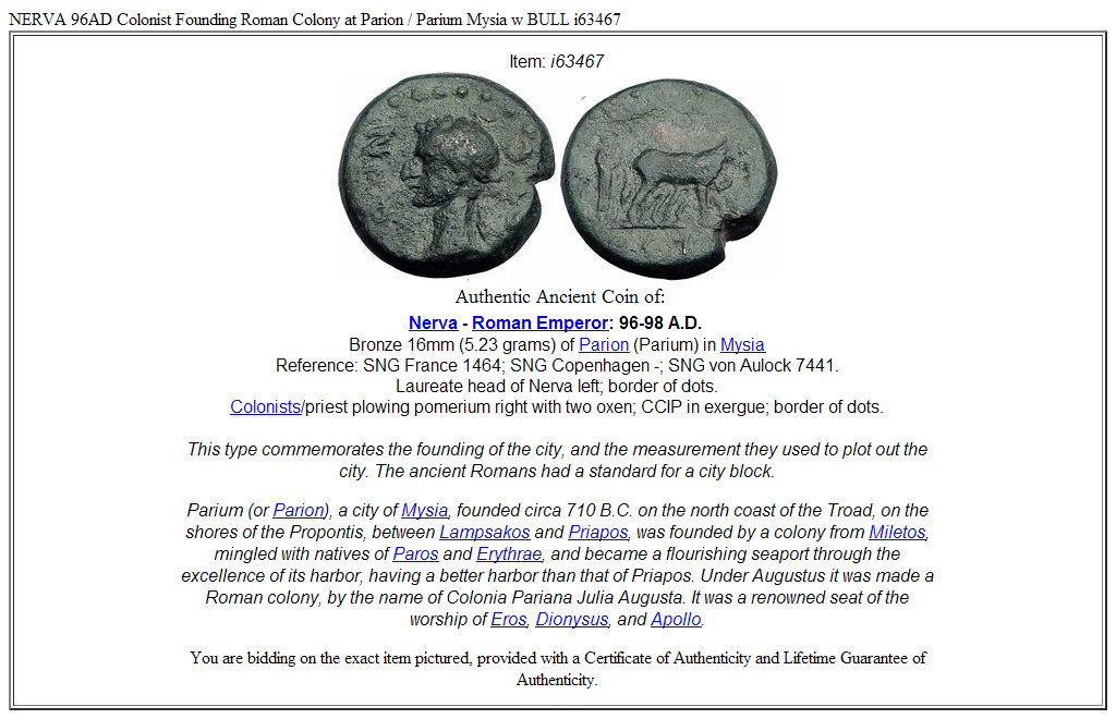 NERVA 96AD Colonist Founding Roman Colony at Parion / Parium Mysia w BULL i63467