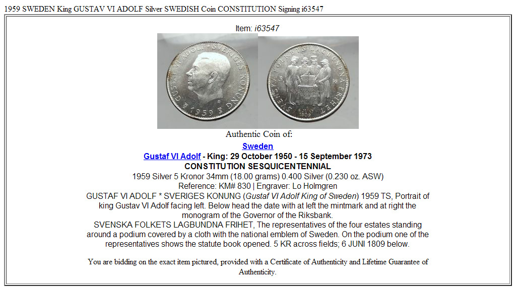 1959 SWEDEN King GUSTAV VI ADOLF Silver SWEDISH Coin CONSTITUTION Signing i63547