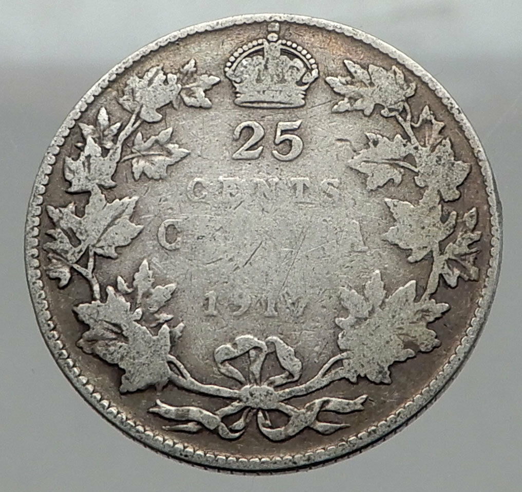 1917 CANADA - UK King George V - Authentic Original SILVER 25 CENTS Coin i62961