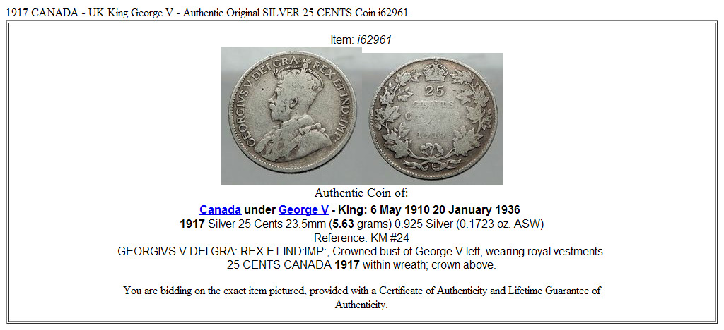 1917 CANADA - UK King George V - Authentic Original SILVER 25 CENTS Coin i62961