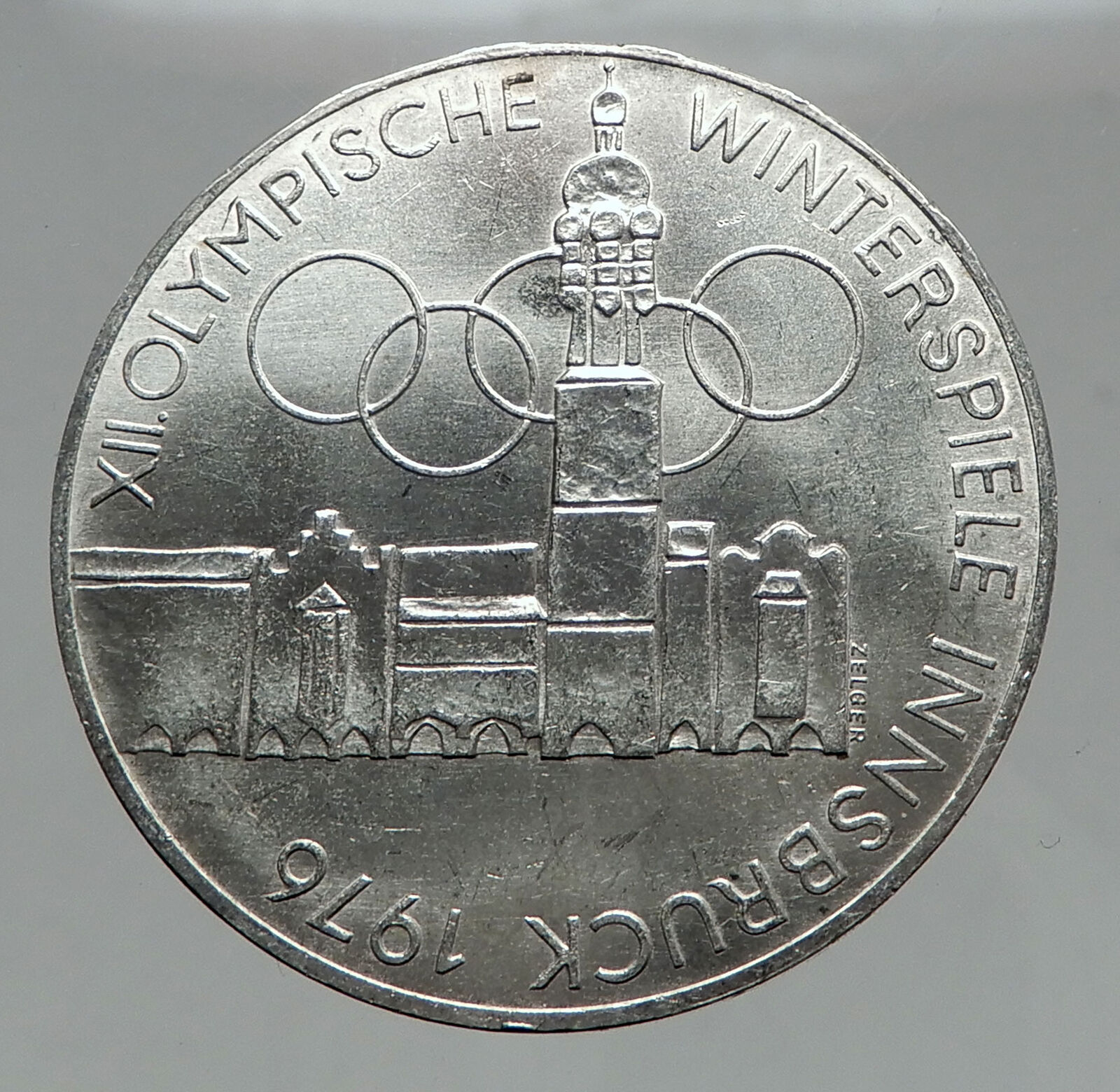 1976 Innsbruck Buildings WINTER Olympic Games AUSTRIA Large SILVER Coin i63014