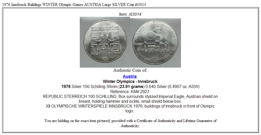 1976 Innsbruck Buildings WINTER Olympic Games AUSTRIA Large SILVER Coin i63014