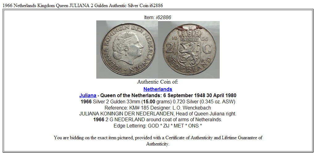 1966 Netherlands Kingdom Queen JULIANA 2½ Gulden Authentic Silver Coin i62886