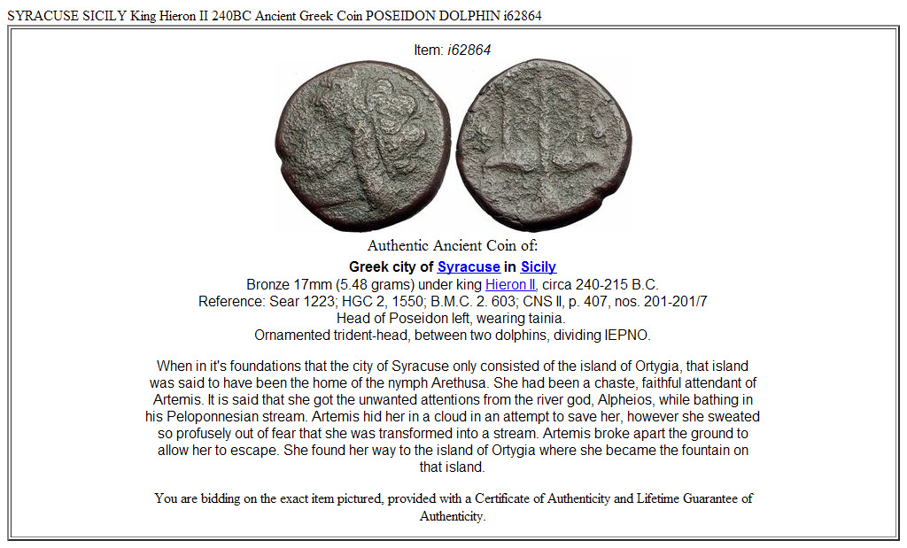 SYRACUSE SICILY King Hieron II 240BC Ancient Greek Coin POSEIDON DOLPHIN i62864