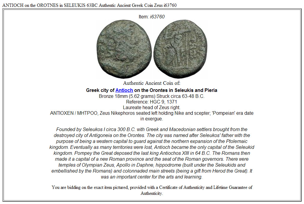 ANTIOCH on the OROTNES in SELEUKIS 63BC Authentic Ancient Greek Coin Zeus i63760