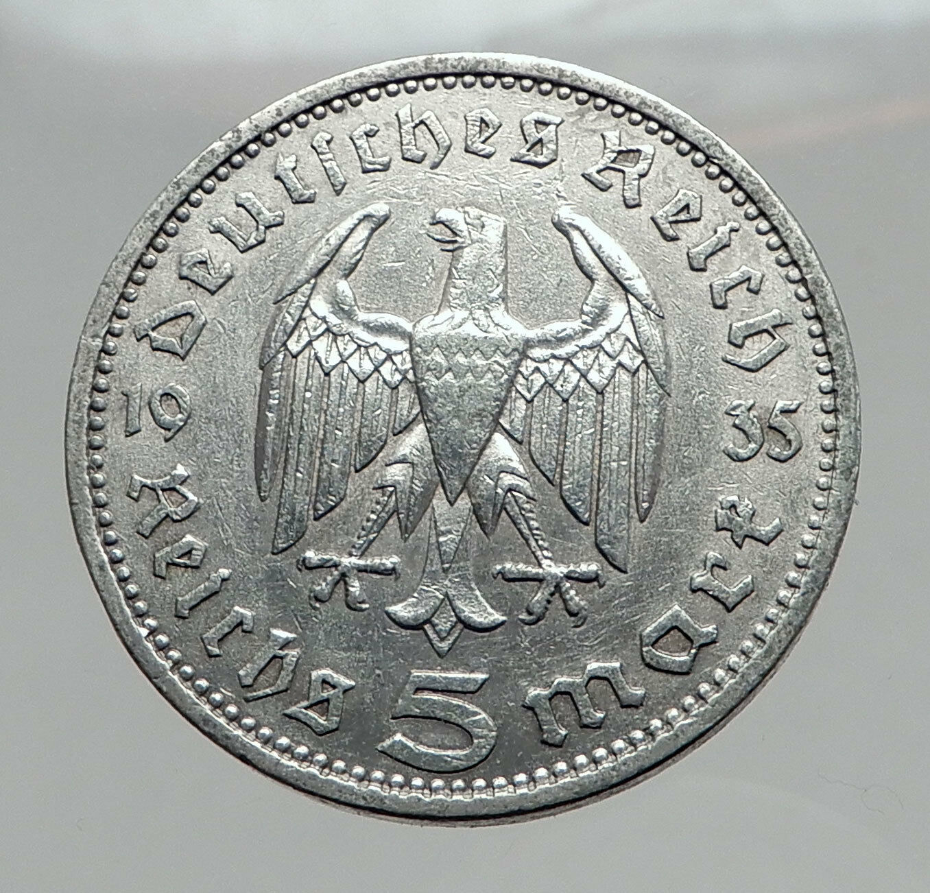 1935 Germany 2nd President Paul von Hindenburg Silver German 5 Marks Coin i64410