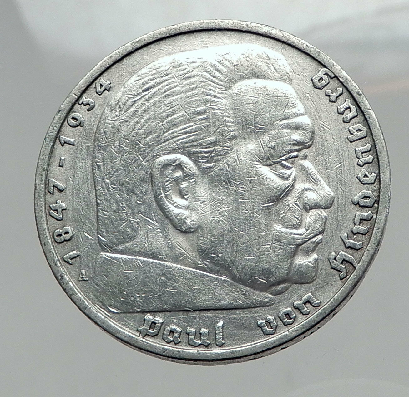 1935 Germany 2nd President Paul von Hindenburg Silver German 5 Marks Coin i64410