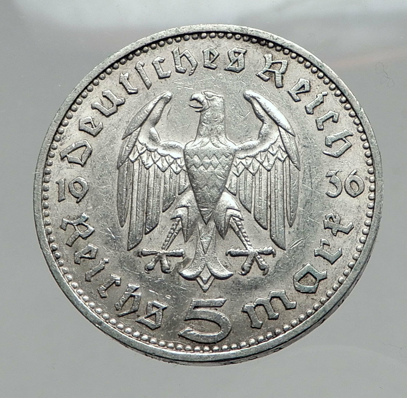 1936 Germany 2nd President Paul von Hindenburg Silver German 5 Marks Coin i64403