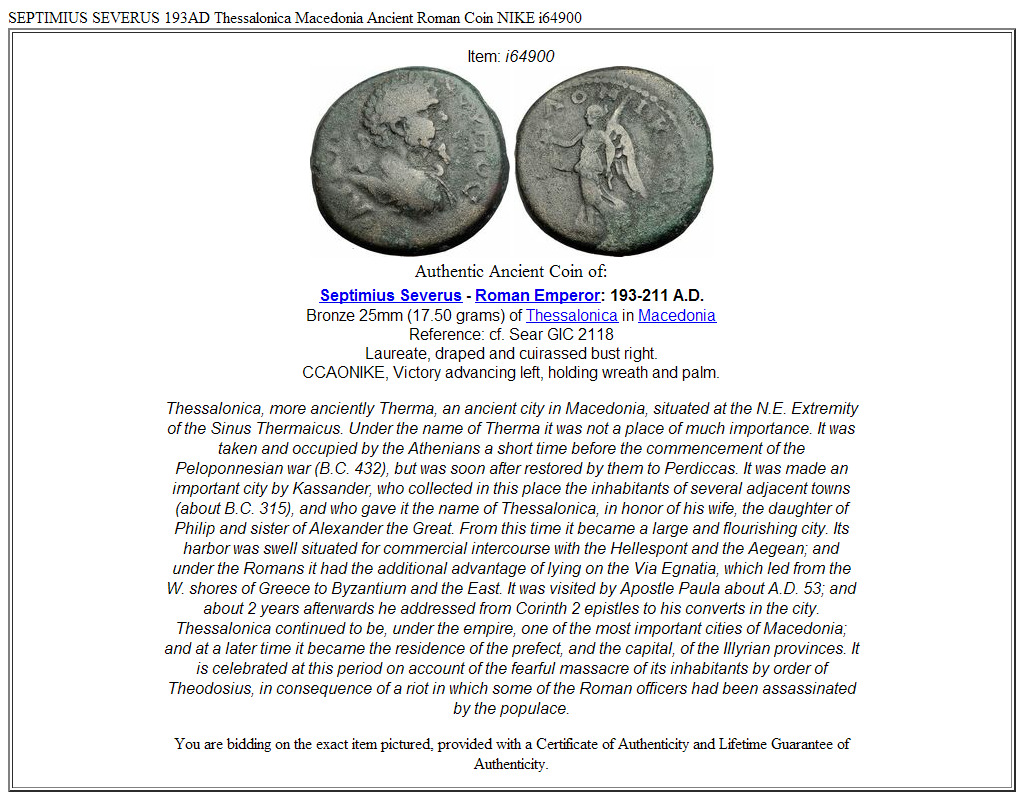 SEPTIMIUS SEVERUS 193AD Thessalonica Macedonia Ancient Roman Coin NIKE i64900