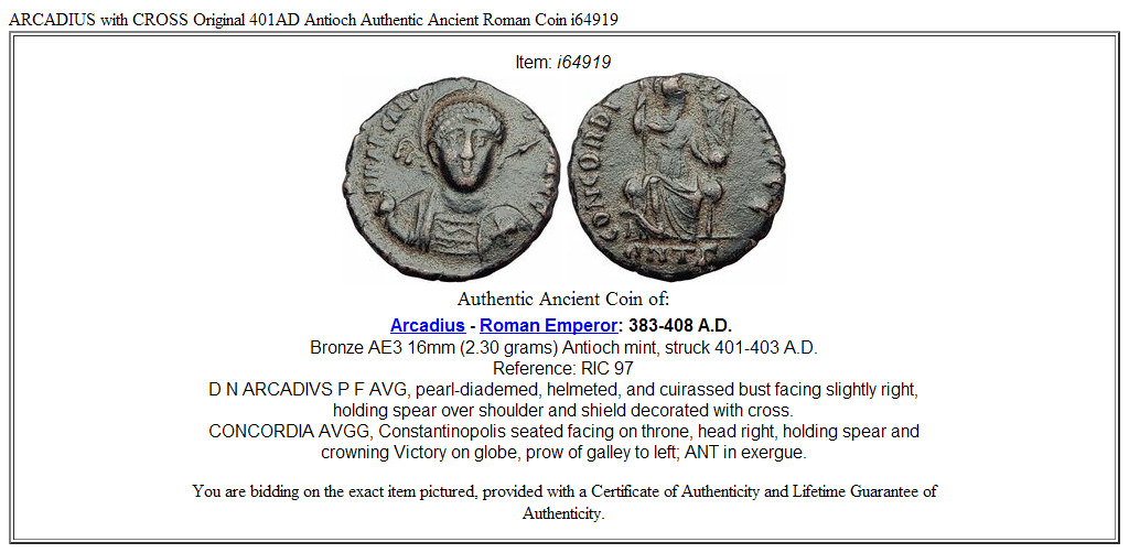 ARCADIUS with CROSS Original 401AD Antioch Authentic Ancient Roman Coin i64919