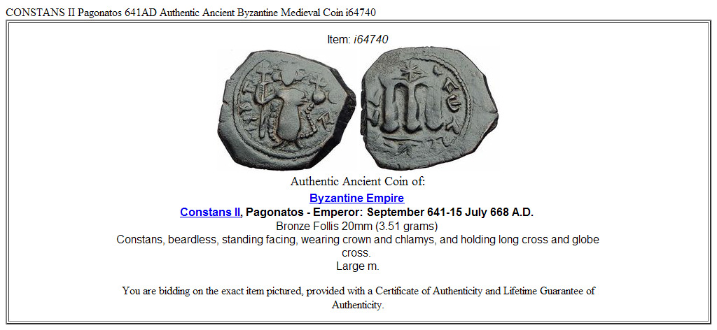 CONSTANS II Pagonatos 641AD Authentic Ancient Byzantine Medieval Coin i64740