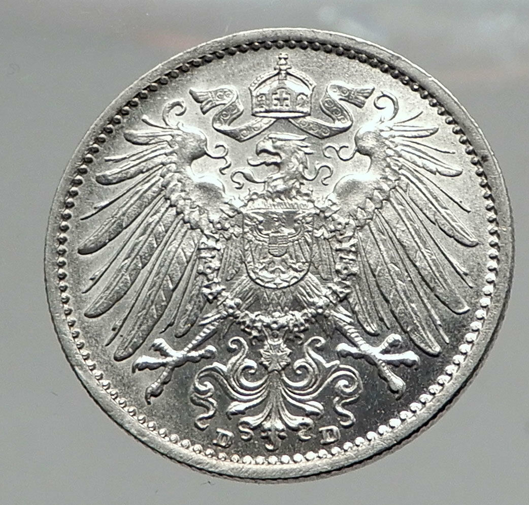 1914 WILHELM II of GERMANY 1 Mark Antique German Empire Silver Coin Eagle i64594