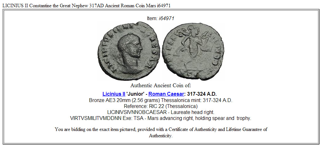 LICINIUS II Constantine the Great Nephew 317AD Ancient Roman Coin Mars i64971