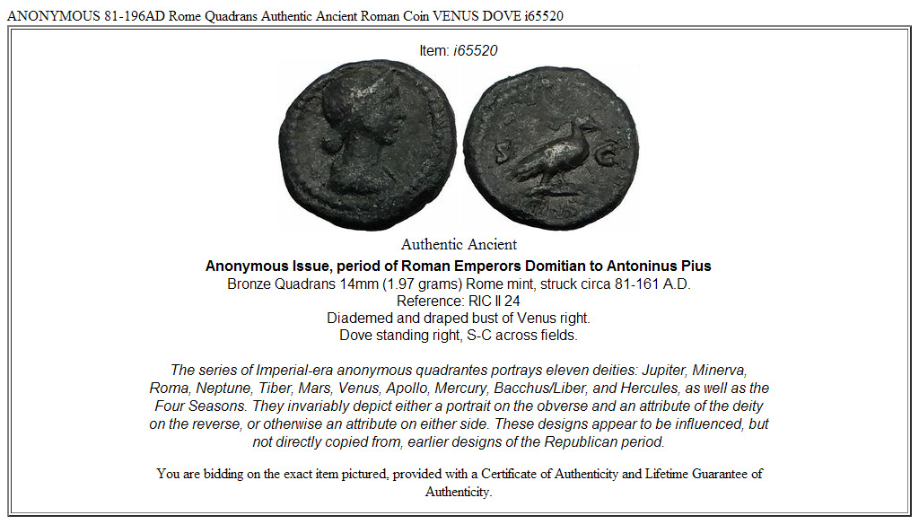 ANONYMOUS 81-196AD Rome Quadrans Authentic Ancient Roman Coin VENUS DOVE i65520