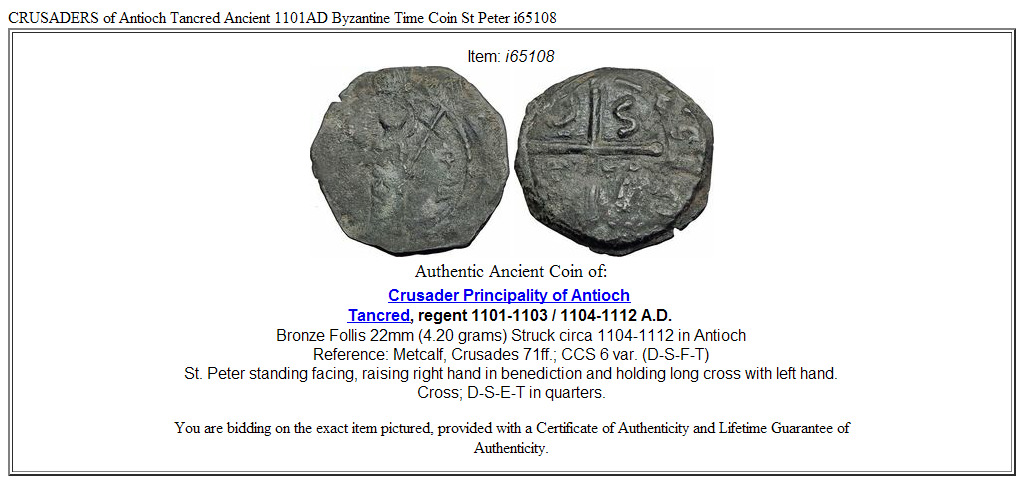 CRUSADERS of Antioch Tancred Ancient 1101AD Byzantine Time Coin St Peter i65108