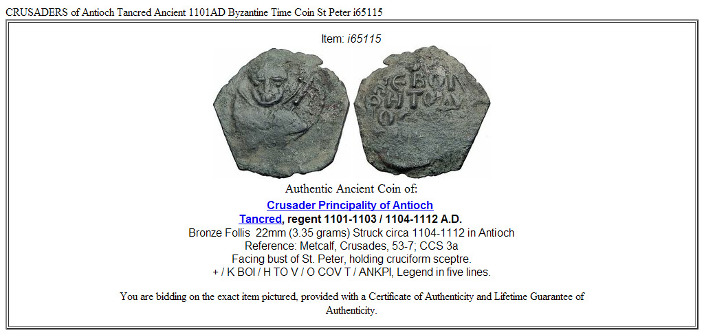 CRUSADERS of Antioch Tancred Ancient 1101AD Byzantine Time Coin St Peter i65115