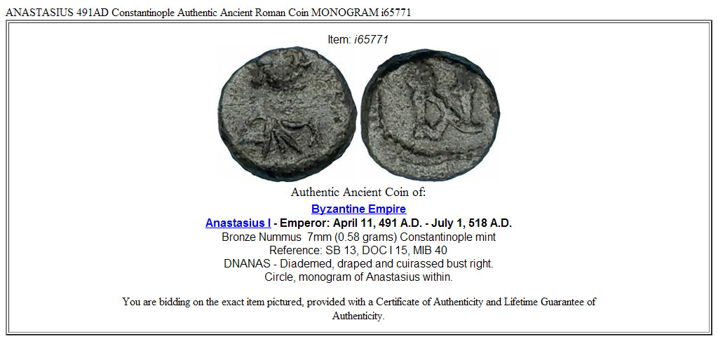 ANASTASIUS 491AD Constantinople Authentic Ancient Roman Coin MONOGRAM i65771