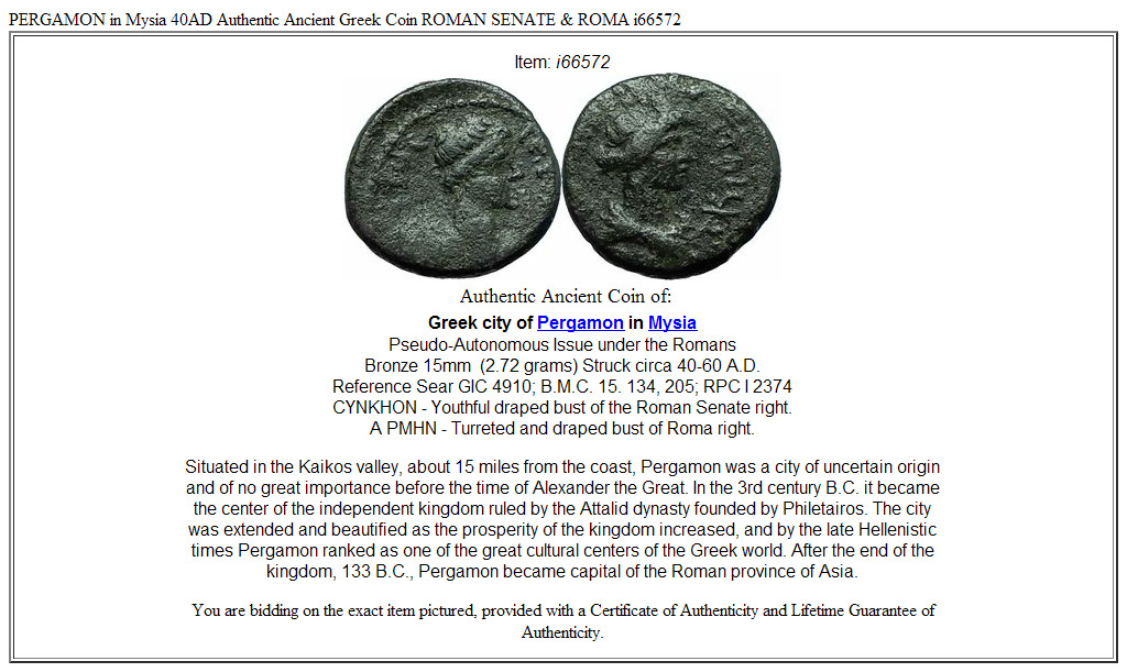 PERGAMON in Mysia 40AD Authentic Ancient Greek Coin ROMAN SENATE & ROMA i66572