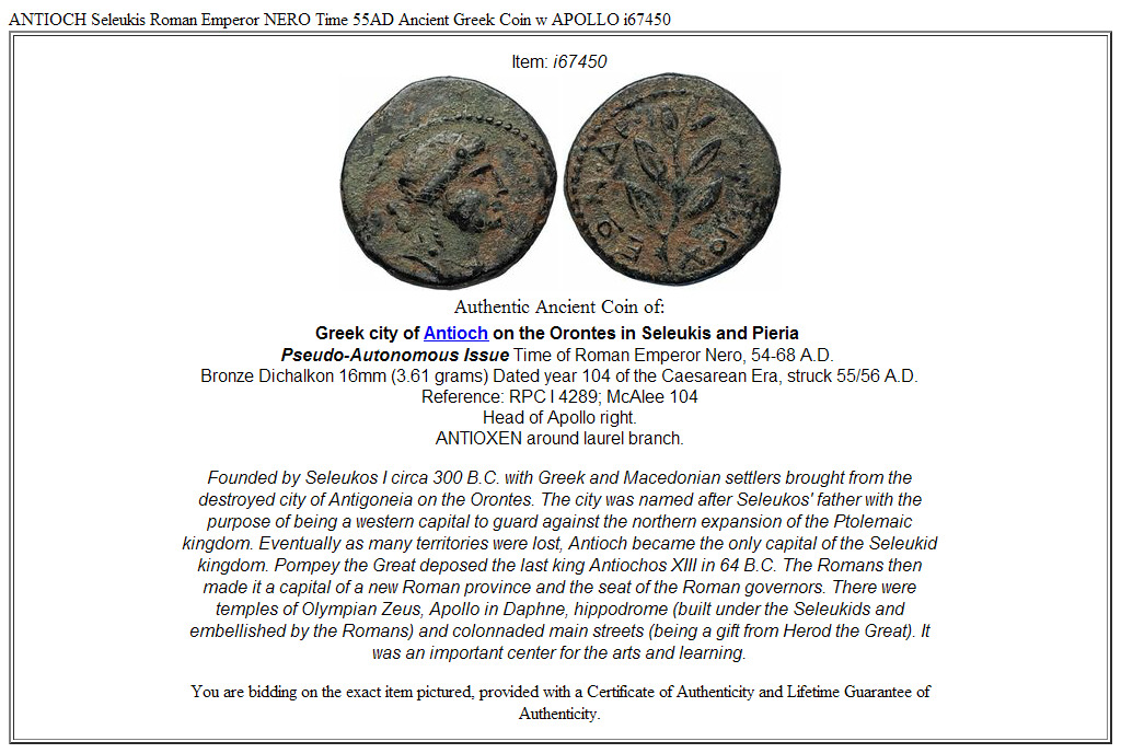 ANTIOCH Seleukis Roman Emperor NERO Time 55AD Ancient Greek Coin w APOLLO i67450