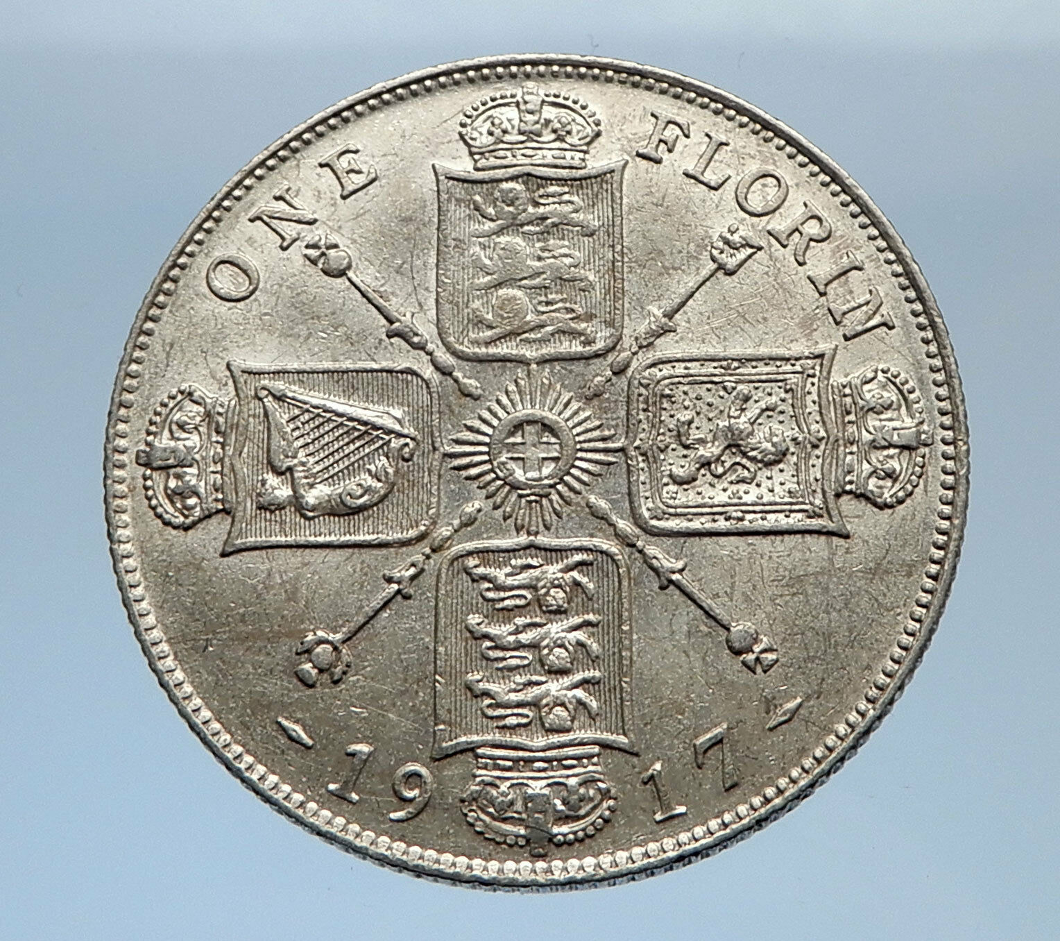 1917 United Kingdom Great Britain GEORGE V Silver Florin 2 Shillings Coin i69405