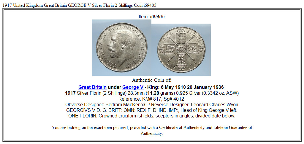 1917 United Kingdom Great Britain GEORGE V Silver Florin 2 Shillings Coin i69405