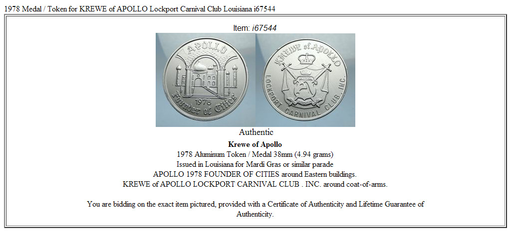 1978 Medal / Token for KREWE of APOLLO Lockport Carnival Club Louisiana i67544