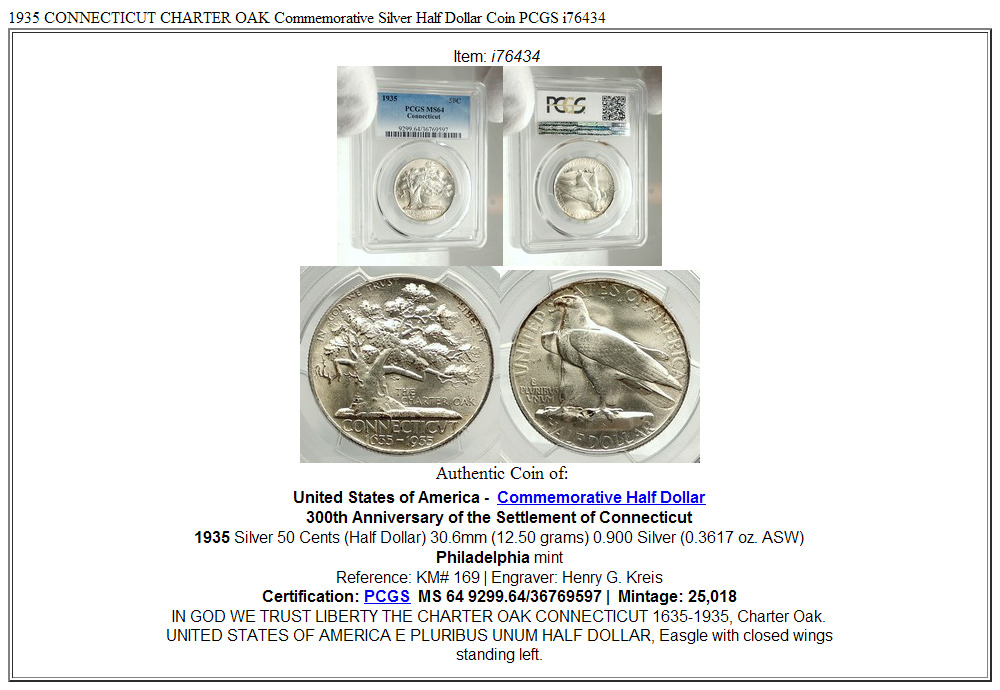 1935 CONNECTICUT CHARTER OAK Commemorative Silver Half Dollar Coin PCGS i76434